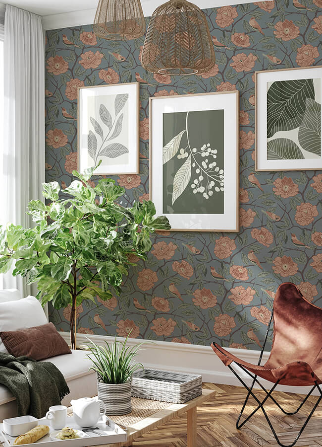 bernadina-blue-rosebush-wallpaper-york-wallcoverings-4143-34025 - York Wallcoverings Papel pintado