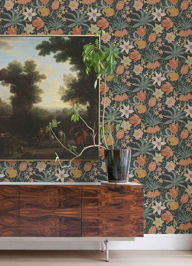 Cecilia Black Tulip and Daffodil Wallpaper - York Wallcoverings - 4143-34031 - York Wallcoverings Wallpaper