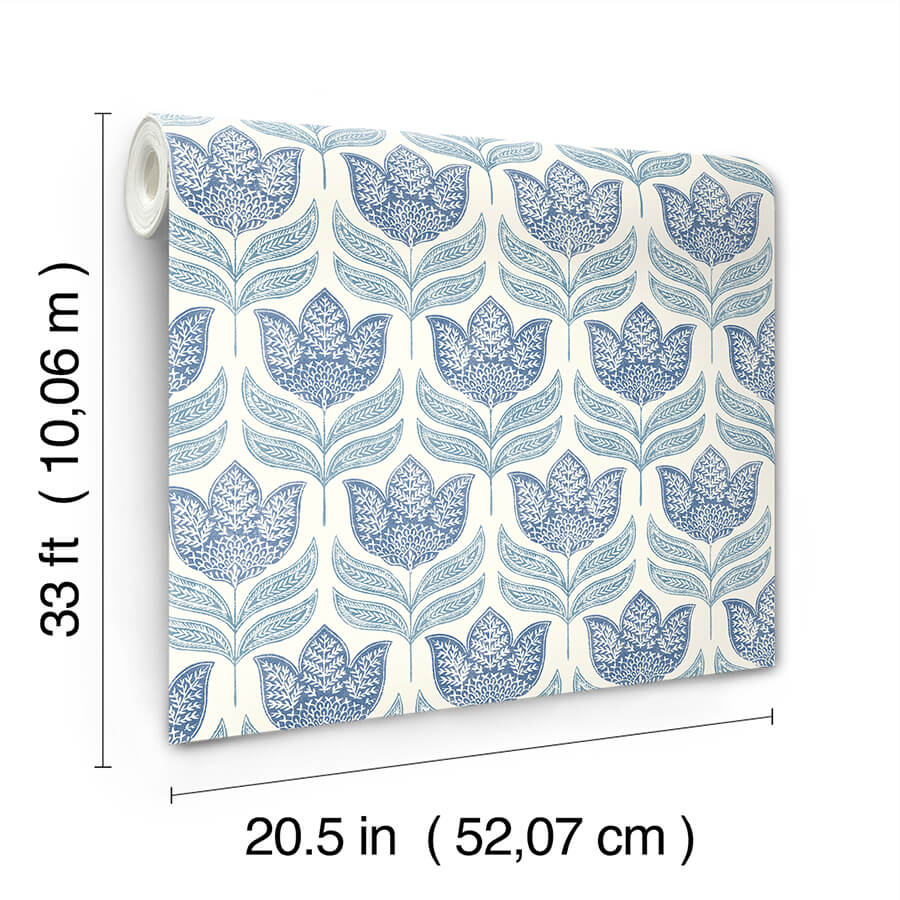 cathal-blue-tulip-block-print-wallpaper-york-wallcoverings-3125-72345 - York Wallcoverings Wallpaper