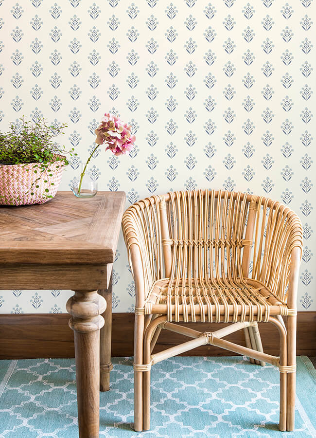 kova-blue-floral-crest-wallpaper-york-wallcoverings-3125-72347 - York Wallcoverings Wallpaper