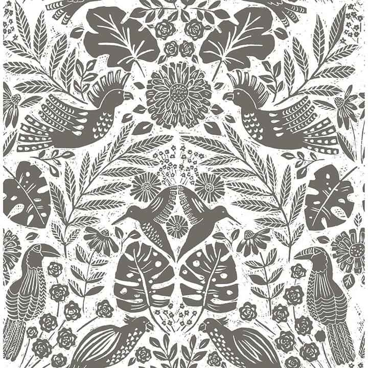 Nestle Charcoal Bird Block Print Wallpaper - York Wallcoverings - 4122-27004 - York Wallcoverings Wallpaper