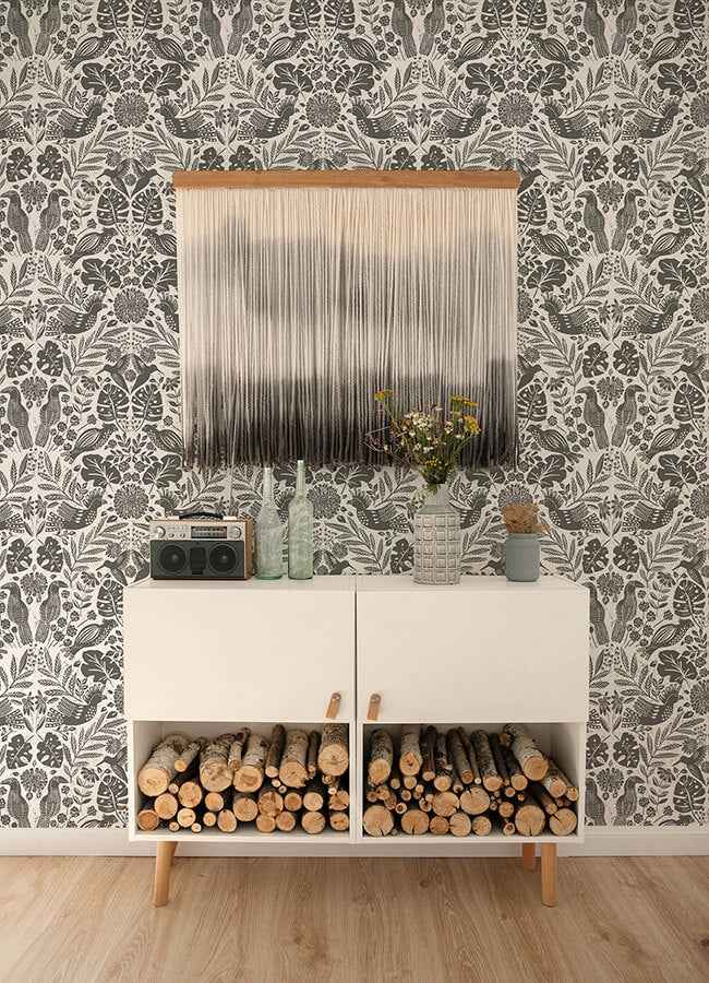 Nestle Charcoal Bird Block Print Wallpaper - York Wallcoverings - 4122-27004 - York Wallcoverings Wallpaper