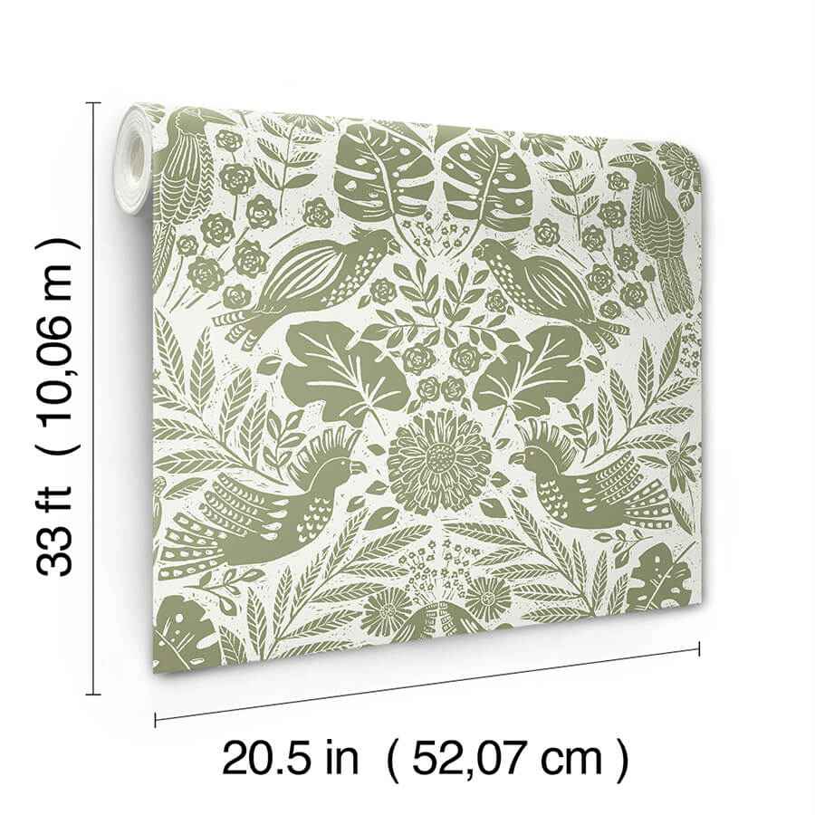 Nestle Green Bird Block Print Wallpaper - York Wallcoverings - 4122-27005 - York Wallcoverings Wallpaper