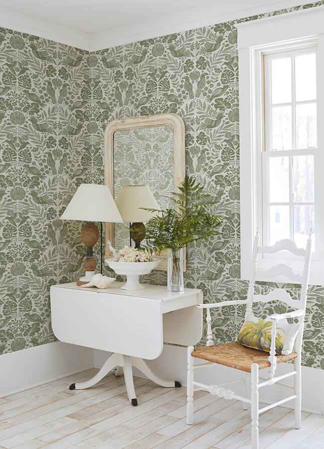 Nestle Green Bird Block Print Wallpaper - York Wallcoverings - 4122-27005 - York Wallcoverings Wallpaper