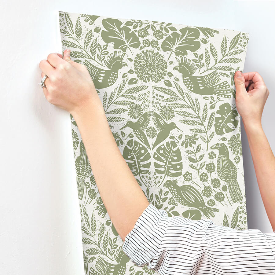 nestle-green-bird-block-print-wallpaper-york-wallcoverings-4122-27005 - York Wallcoverings Wallpaper