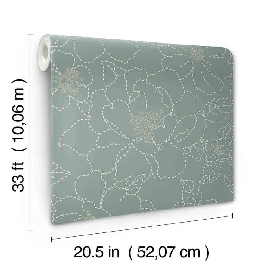 Gardena Sea Green Embroidered Floral Wallpaper - York Wallcoverings - 4122-27006 - York Wallcoverings Wallpaper