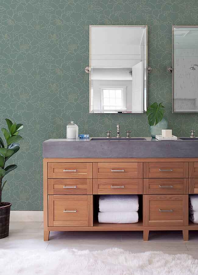 Gardena Sea Green Embroidered Floral Wallpaper - York Wallcoverings - 4122-27006 - York Wallcoverings Wallpaper