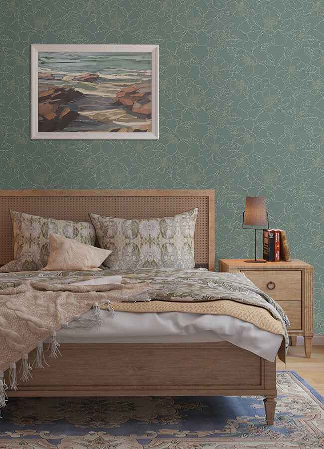 Gardena Sea Green Embroidered Floral Wallpaper - York Wallcoverings - 4122-27006 - York Wallcoverings Wallpaper