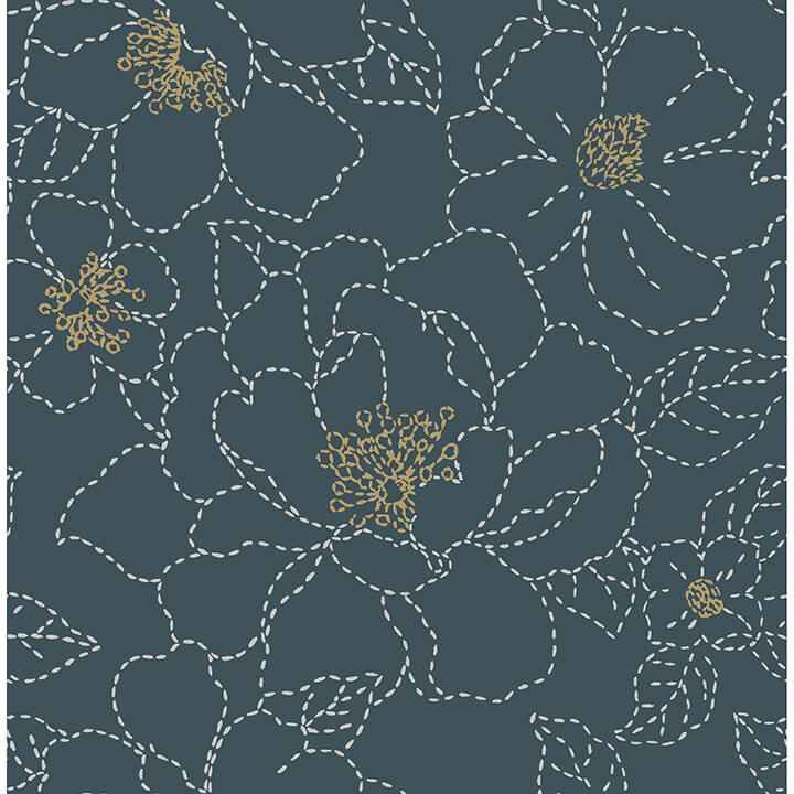 Gardena Indigo Embroidered Floral Wallpaper - York Wallcoverings - 4122-27009