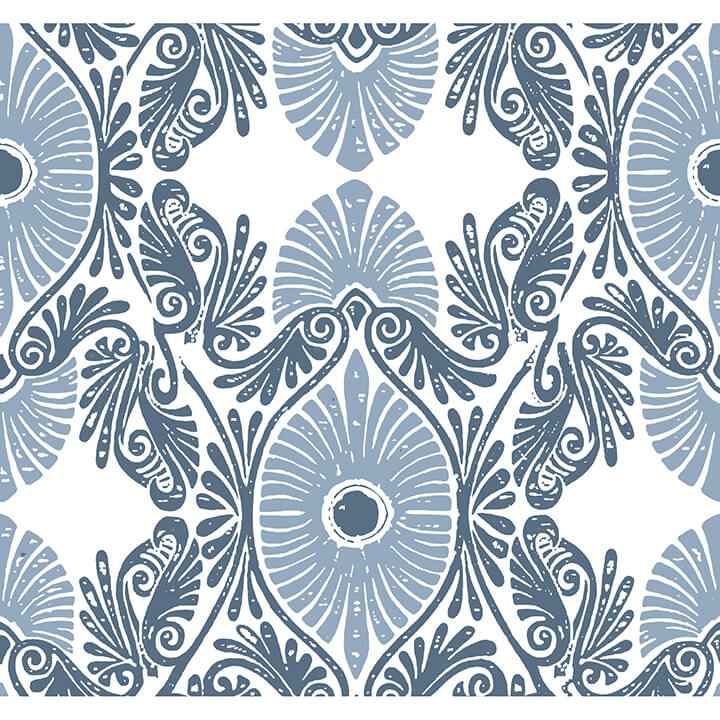 Villa Blue Embellished Ogee Wallpaper - York Wallcoverings - 4122-72401 - York Wallcoverings Wallpaper