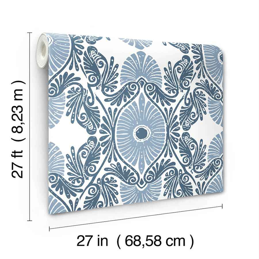 Villa Blue Embellished Ogee Wallpaper - York Wallcoverings - 4122-72401 - York Wallcoverings Wallpaper