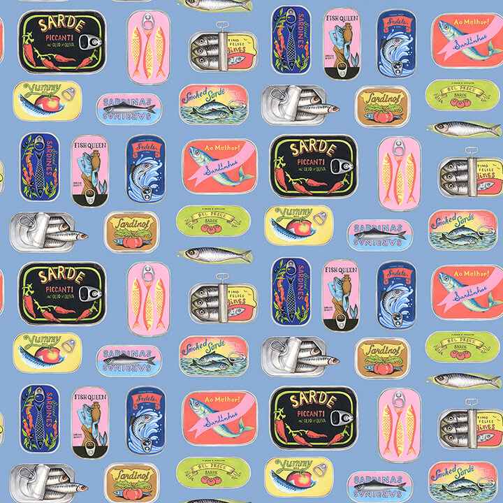 Blue Sardine Tins Peel and Stick Wallpaper - York Wallcoverings - RAS6268 - York Wallcoverings Wallpaper