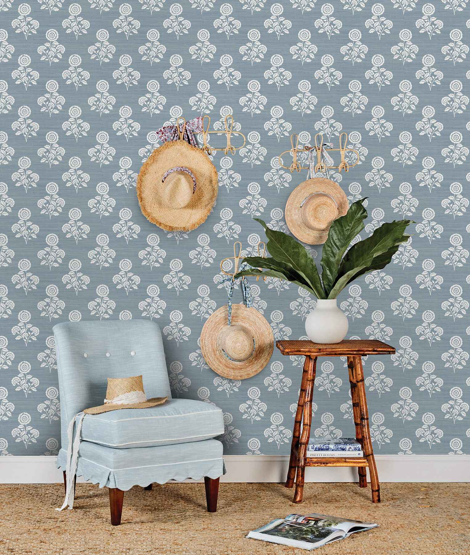 Flourish Block Print Mineral Blue Faux Grasscloth Peel and Stick Wallpaper - York Wallcoverings - SSS6309 - York Wallcoverings Wallpaper