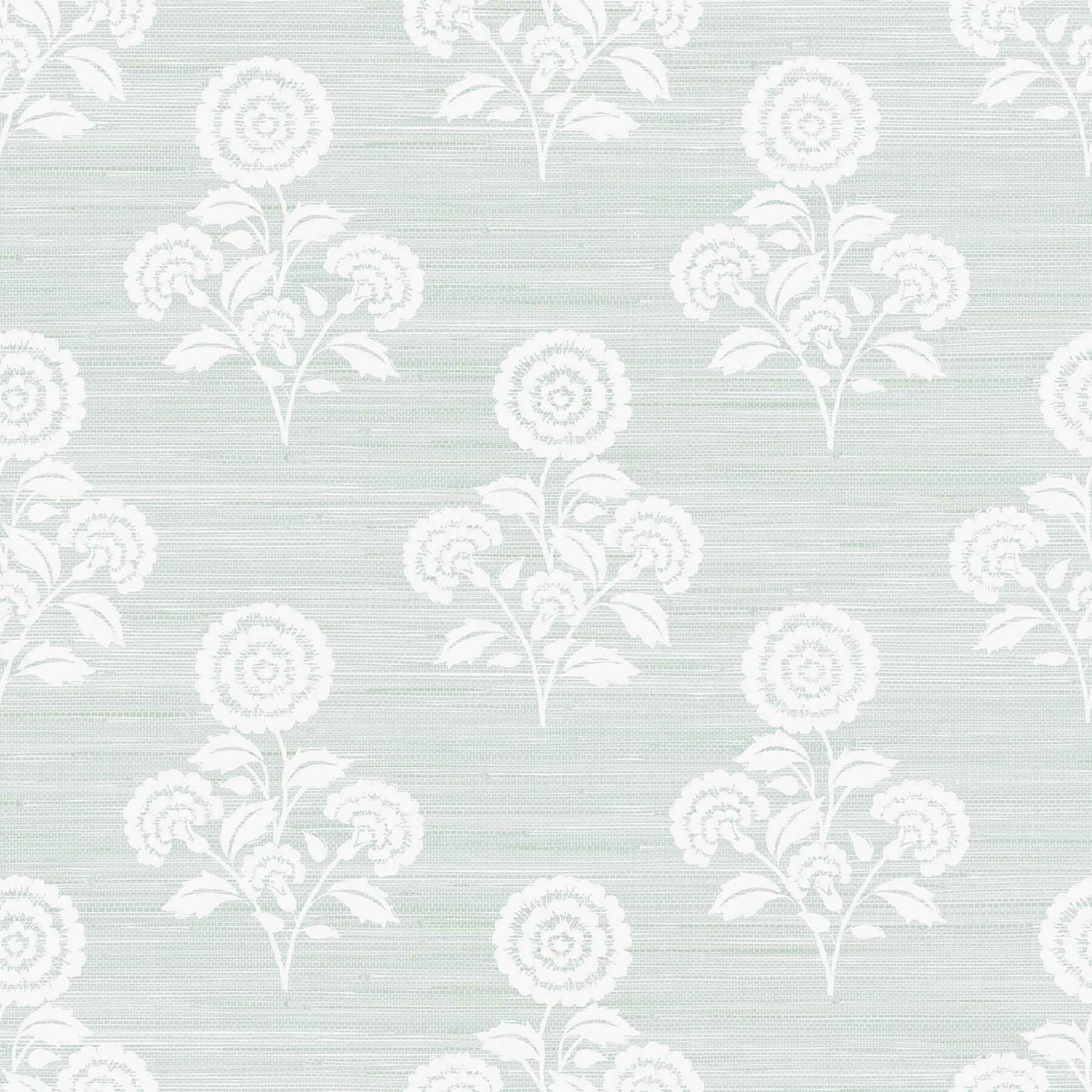 Flourish Block Print Whisper Blue Faux Grasscloth Peel and Stick Wallpaper - York Wallcoverings - SSS6310