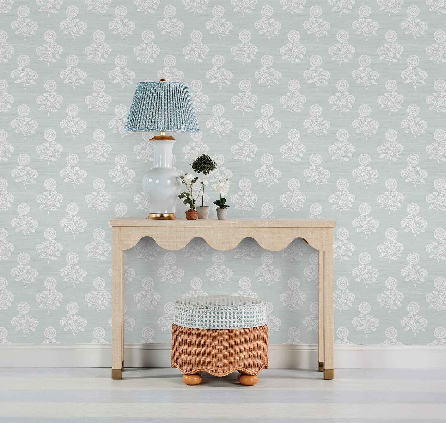 Flourish Block Print Whisper Blue Faux Grasscloth Peel and Stick Wallpaper - York Wallcoverings - SSS6310 - York Wallcoverings Wallpaper