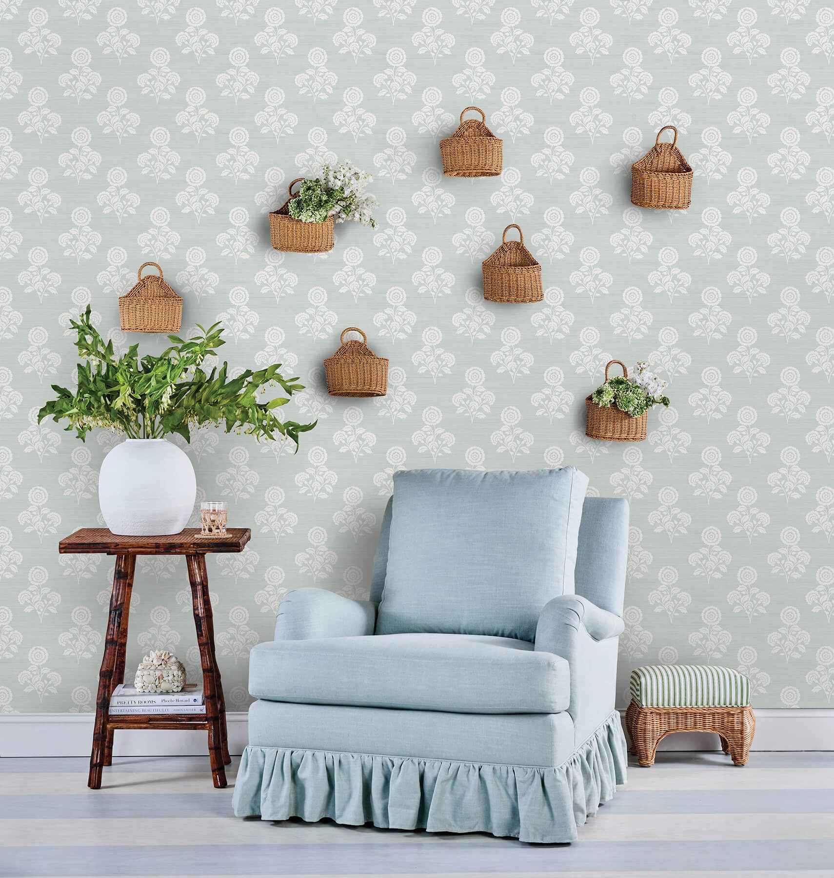 Flourish Block Print Whisper Blue Faux Grasscloth Peel and Stick Wallpaper - York Wallcoverings - SSS6310 - York Wallcoverings Wallpaper