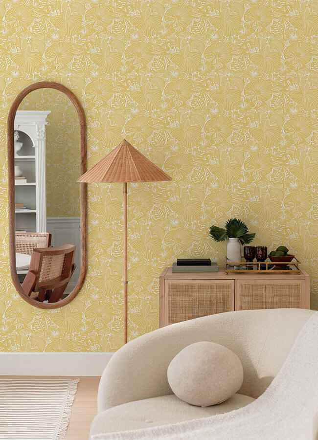 Idalia Yellow Floral Flamingo Wallpaper - York Wallcoverings - 4135-72715 - York Wallcoverings Wallpaper
