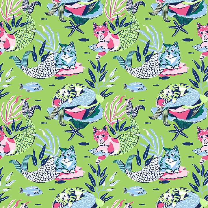 Meowing Mermaids Lime Green Peel and Stick Wallpaper - York Wallcoverings - PFS6394 - York Wallcoverings Wallpaper