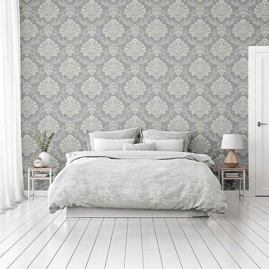 Harriet Silver Damask Wallpaper - York Wallcoverings - AH290406 - York Wallcoverings Wallpaper