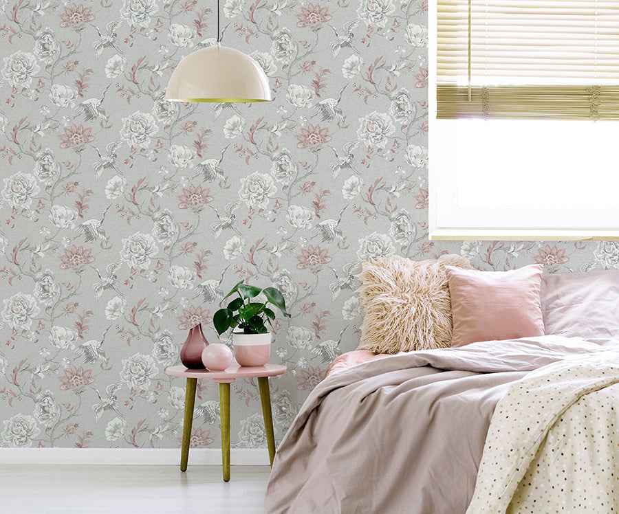 Maggie Light Grey Cranes Wallpaper - York Wallcoverings - AH297400 - York Wallcoverings Wallpaper