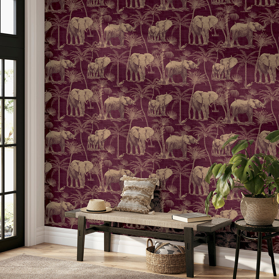adelia-maroon-elephant-grove-wallpaper-york-wallcoverings-ah610701 - York Wallcoverings Wallpaper