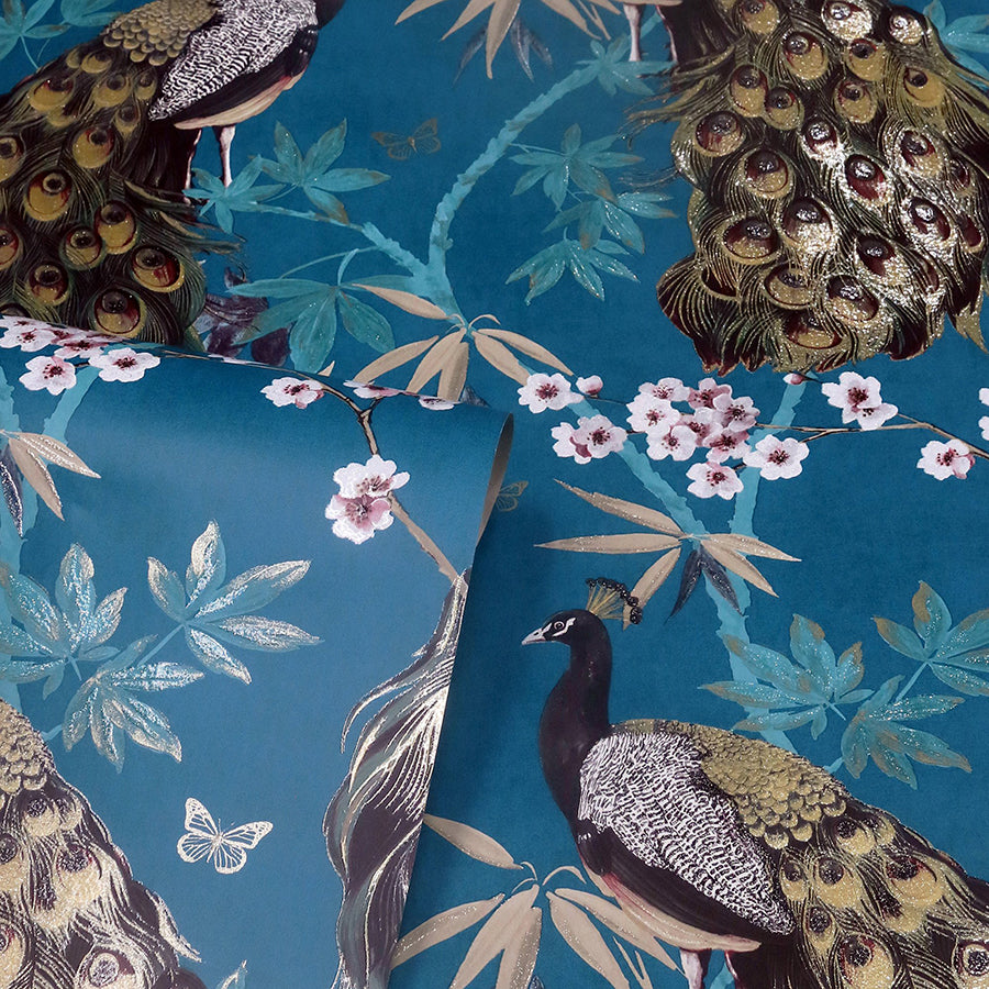 takara-teal-opulent-peacock-wallpaper-york-wallcoverings-ah692505 - York Wallcoverings Wallpaper