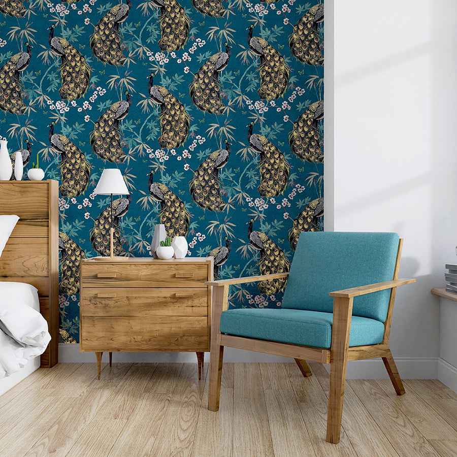 Takara Teal Opulent Peacock Wallpaper - York Wallcoverings - AH692505 - York Wallcoverings Wallpaper