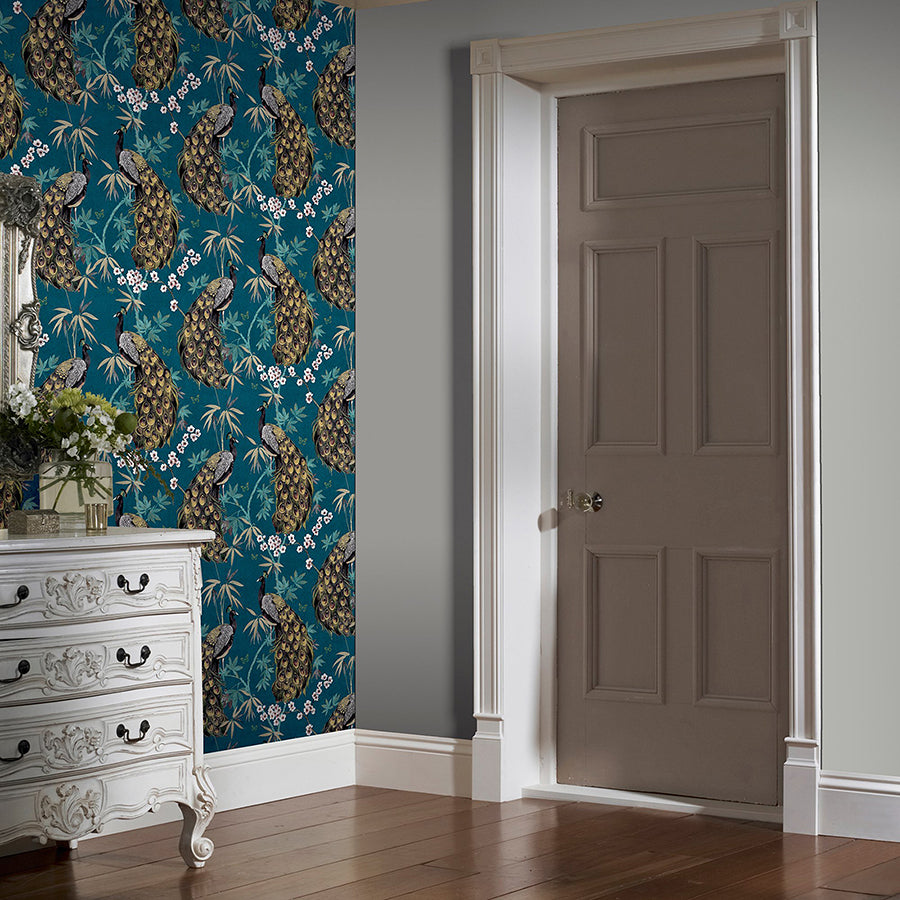 takara-teal-opulent-peacock-wallpaper-york-wallcoverings-ah692505 - York Wallcoverings Wallpaper