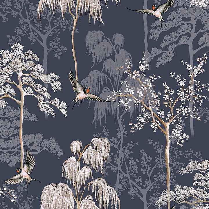 Asuka Blue Sparrow Forest Wallpaper - York Wallcoverings - AH908106 - York Wallcoverings Wallpaper