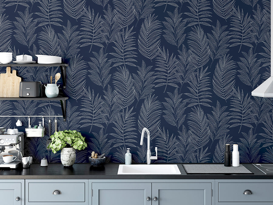 theodore-navy-frond-wallpaper-york-wallcoverings-ah921205 - York Wallcoverings Wallpaper