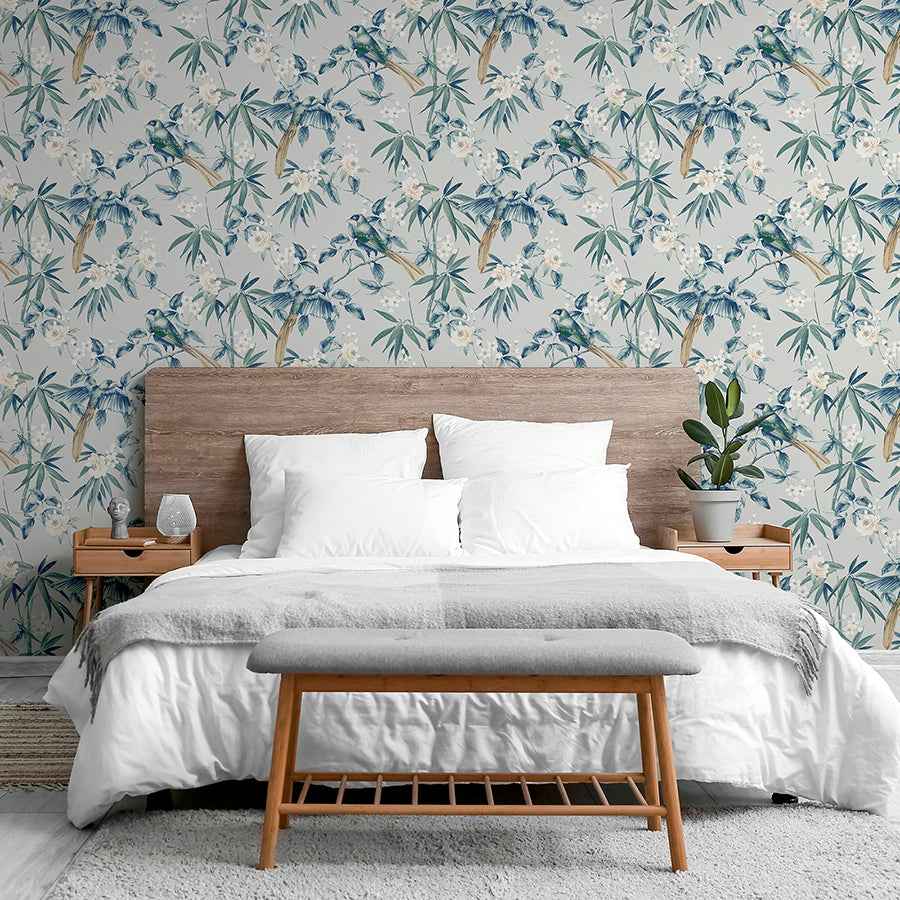 Suzume Teal Birds and Blooms Wallpaper - York Wallcoverings - AH924500 - York Wallcoverings Wallpaper