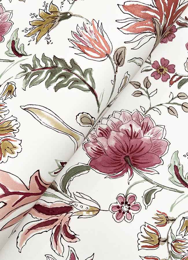 Teonna Raspberry Floral Stripe Wallpaper - York Wallcoverings - 4147-27397 - York Wallcoverings Wallpaper
