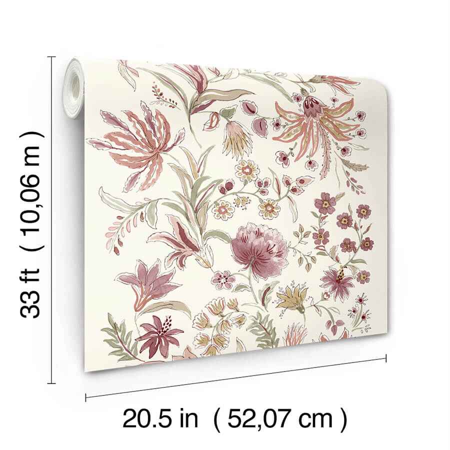 Teonna Raspberry Floral Stripe Wallpaper - York Wallcoverings - 4147-27397 - York Wallcoverings Wallpaper
