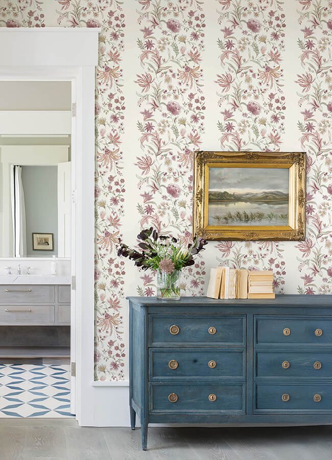 teonna-raspberry-floral-stripe-wallpaper-york-wallcoverings-4147-27397 - York Wallcoverings Wallpaper