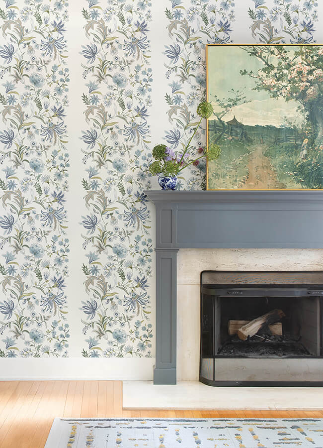 teonna-blue-floral-stripe-wallpaper-york-wallcoverings-4147-27398 - York Wallcoverings Wallpaper