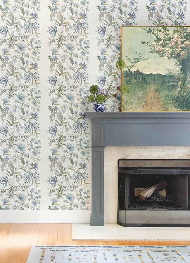 Teonna Blue Floral Stripe Wallpaper - York Wallcoverings - 4147-27398 - York Wallcoverings Wallpaper