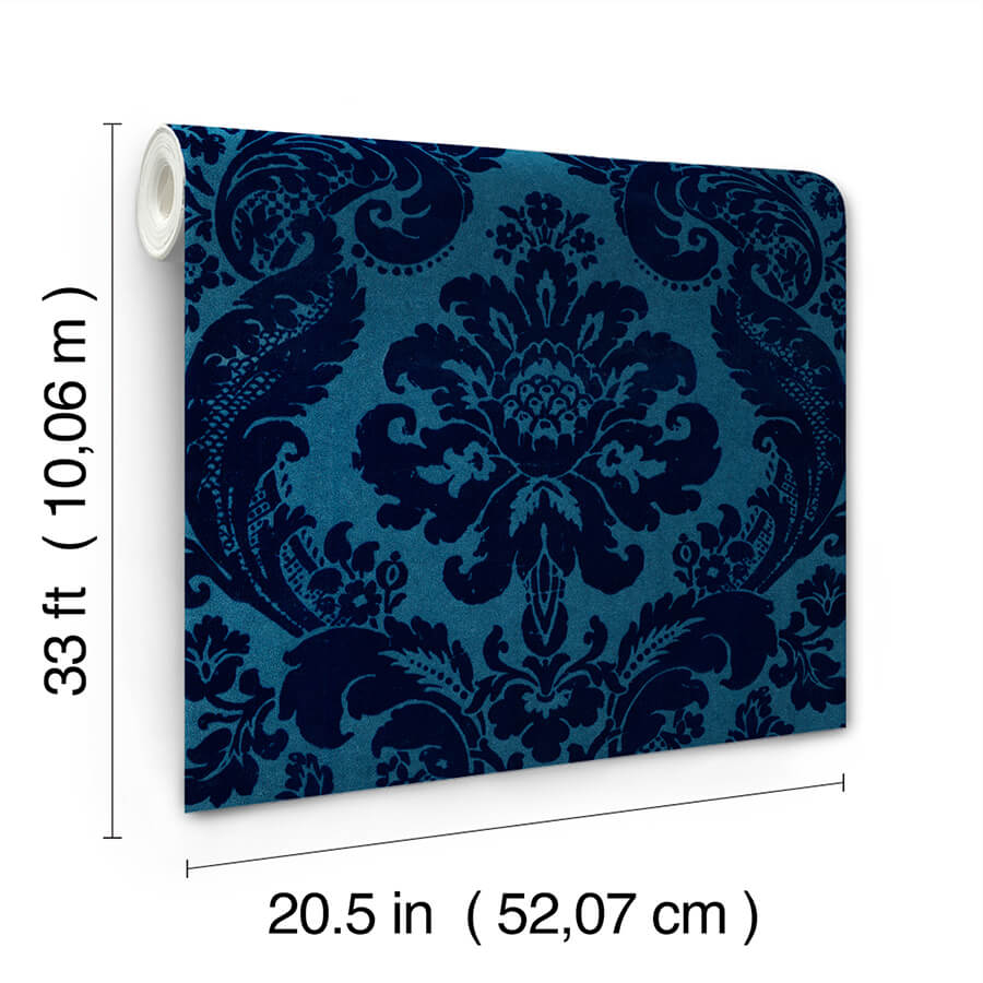 shadow-blue-flocked-damask-wallpaper-york-wallcoverings-4147-87310 - York Wallcoverings Papel pintado