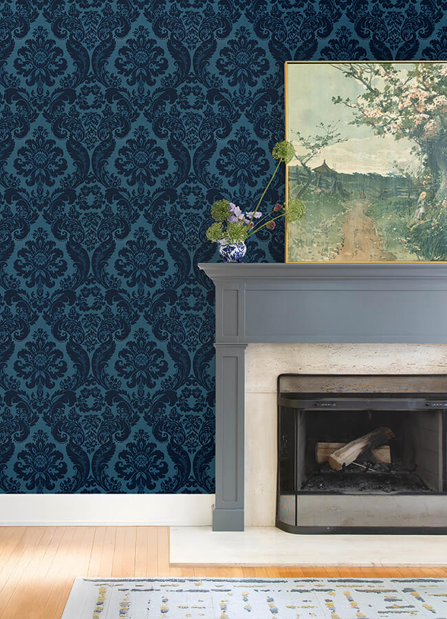 shadow-blue-flocked-damask-wallpaper-york-wallcoverings-4147-87310 - York Wallcoverings Papel pintado