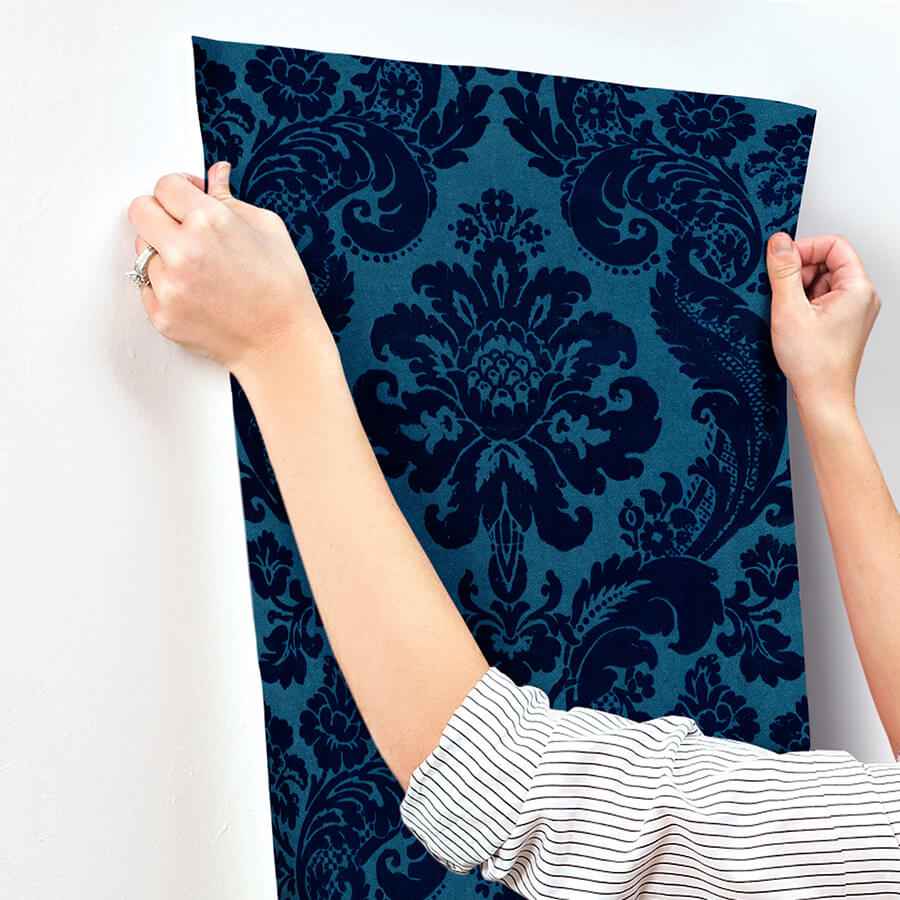 Shadow Blue Flocked Damask Wallpaper - York Wallcoverings - 4147-87310 - York Wallcoverings Wallpaper