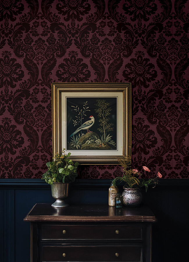 shadow-merlot-flocked-damask-wallpaper-york-wallcoverings-4147-87315 - York Wallcoverings Wallpaper