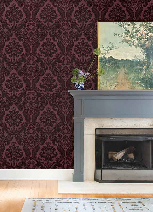 Shadow Merlot Flocked Damask Wallpaper - York Wallcoverings - 4147-87315 - York Wallcoverings Wallpaper