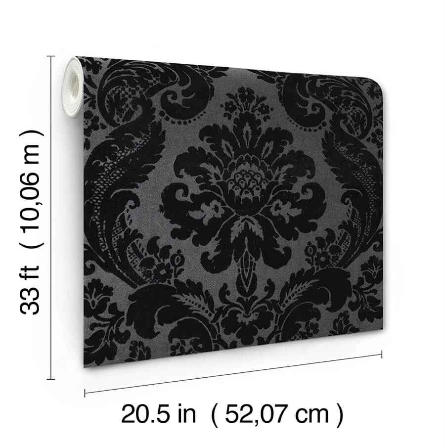 Shadow Black Flocked Damask Wallpaper - York Wallcoverings - 4147-87391 - York Wallcoverings Wallpaper