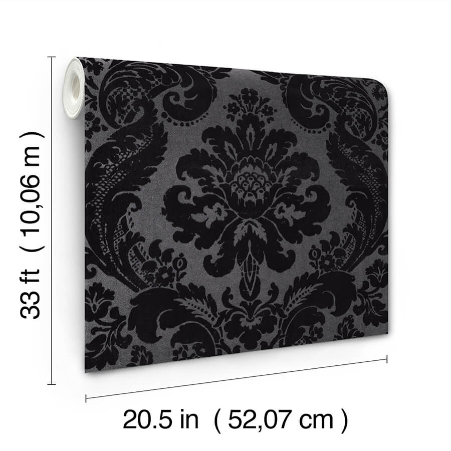 shadow-black-flocked-damask-wallpaper-york-wallcoverings-4147-87391 - York Wallcoverings Papel pintado