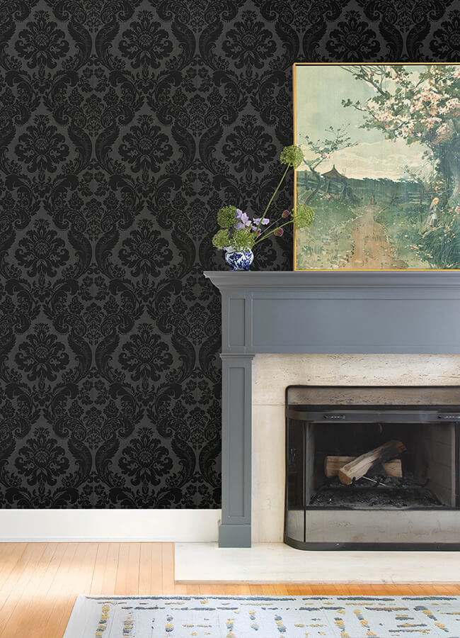 shadow-black-flocked-damask-wallpaper-york-wallcoverings-4147-87391 - York Wallcoverings Papel pintado