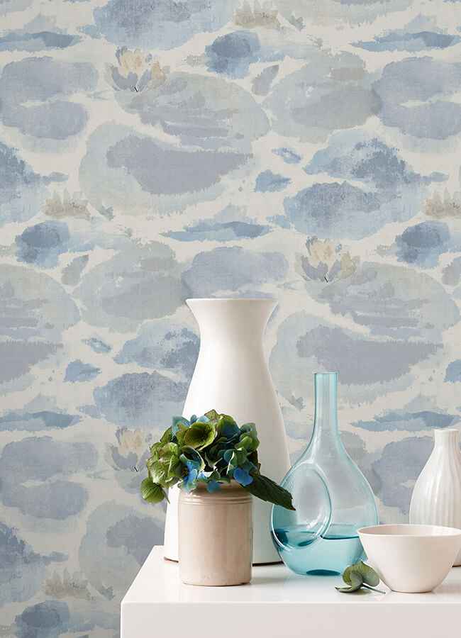 Water Lily Blue Peel & Stick Wallpaper - York Wallcoverings - NUS6419 - York Wallcoverings Wallpaper
