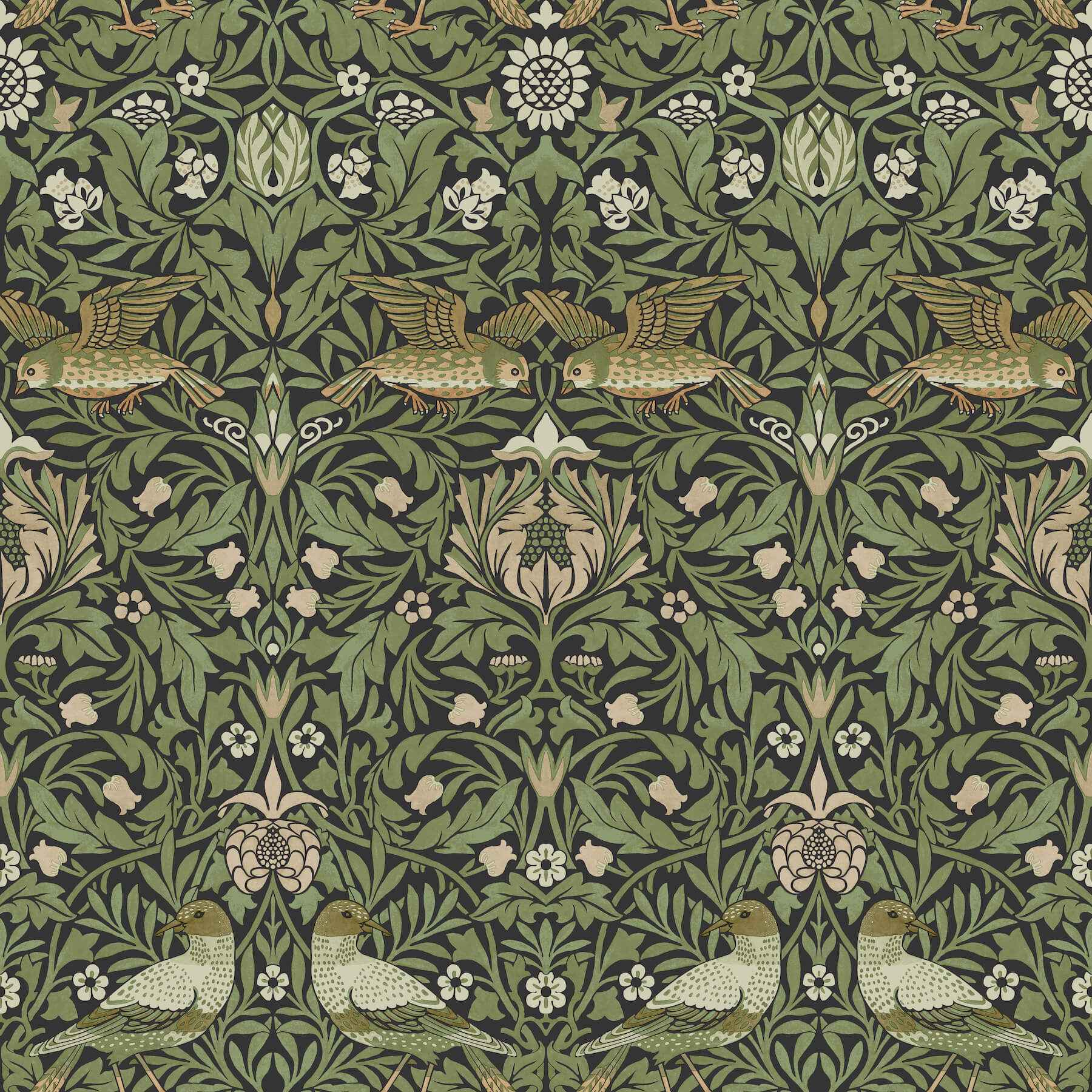 Bird Green Floral Thicket Wallpaper - York Wallcoverings - 4171-82063