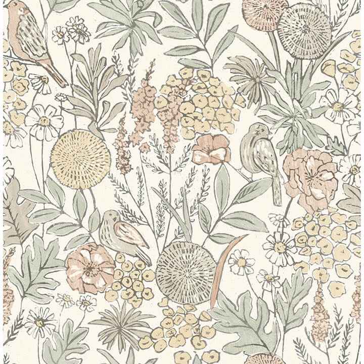 Goldfinch Peach Birds and Blooms Wallpaper - York Wallcoverings - 4148-27410 - York Wallcoverings Wallpaper