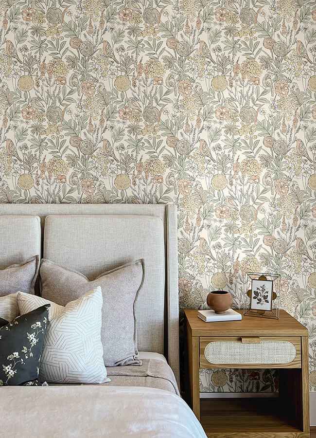 Goldfinch Peach Birds and Blooms Wallpaper - York Wallcoverings - 4148-27410 - York Wallcoverings Wallpaper