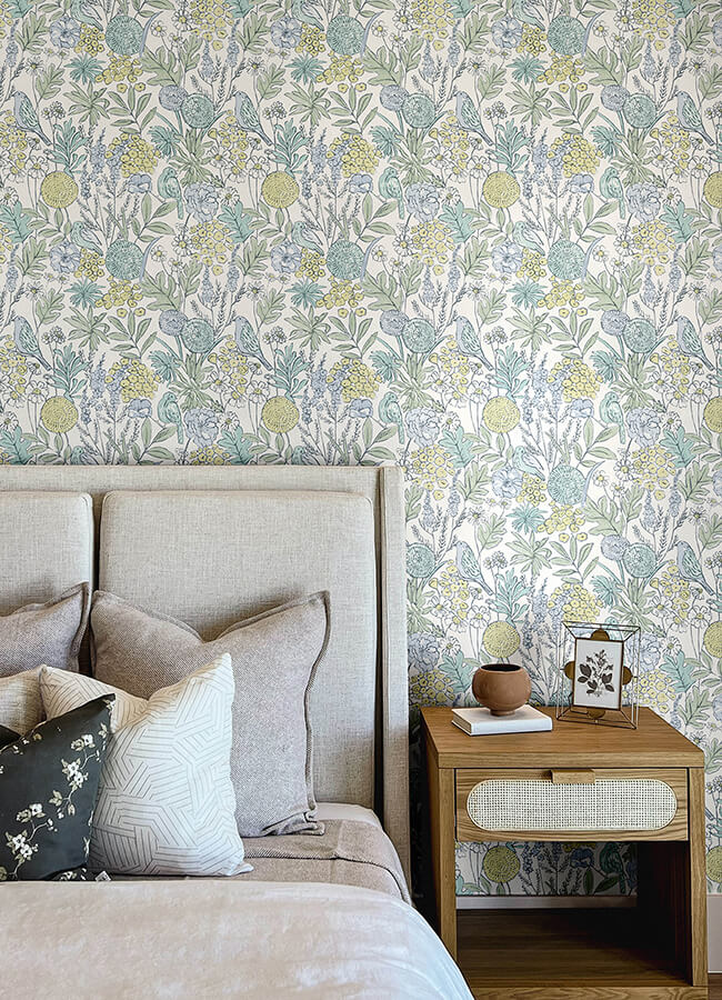 goldfinch-aqua-birds-and-blooms-wallpaper-york-wallcoverings-4148-27413 - York Wallcoverings Papel pintado