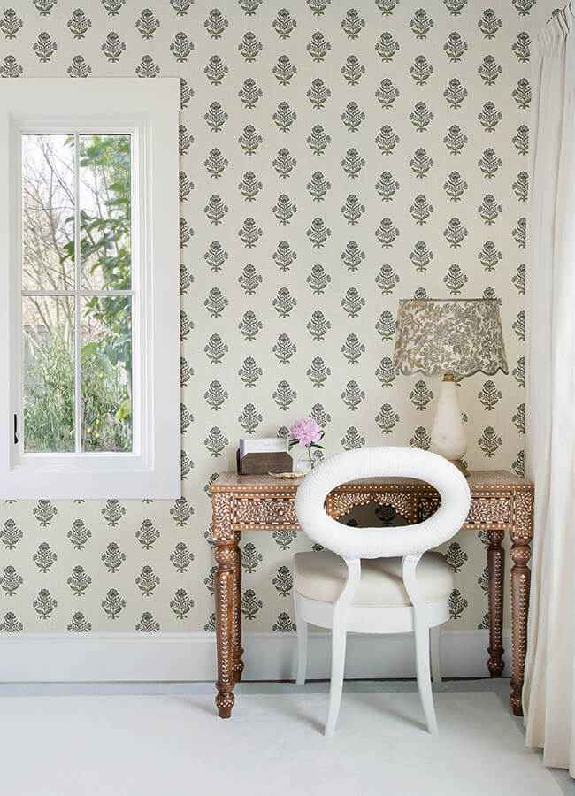 Hollyhock Aqua Floral Crest Wallpaper - York Wallcoverings - 4148-27415 - York Wallcoverings Wallpaper